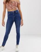 Pull & Bear High Rise Skinny Jeans In Mid Blue - Blue