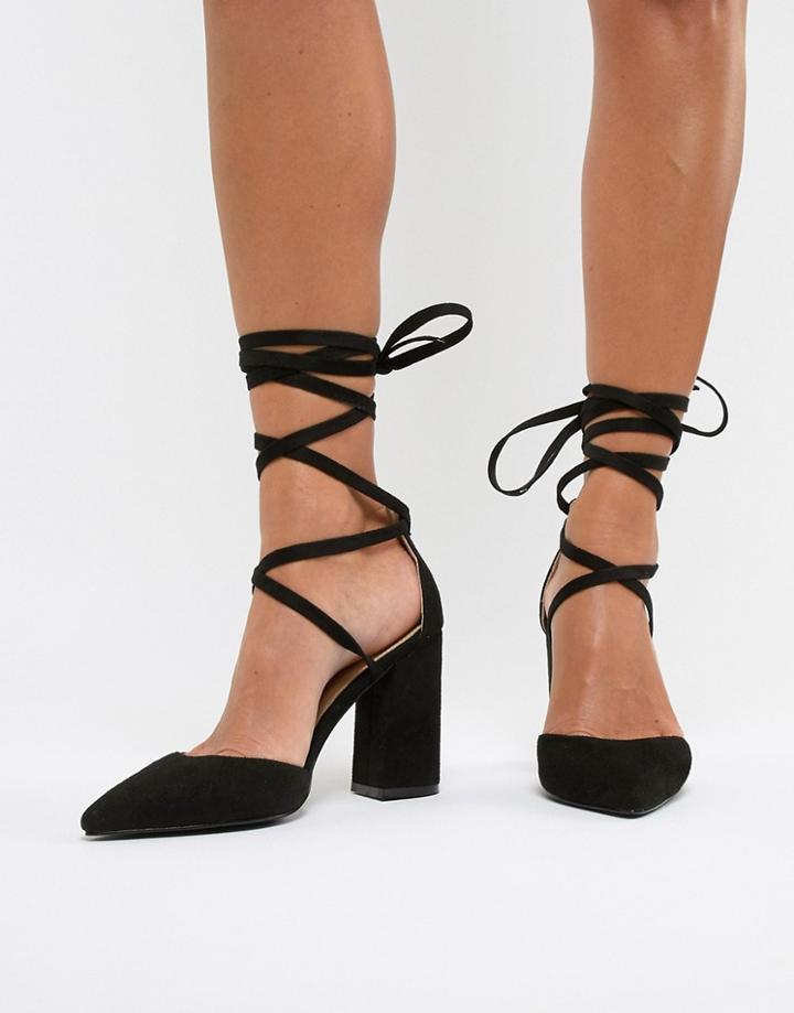 Raid Black Pointed Tie Up Block Heeled Shoes