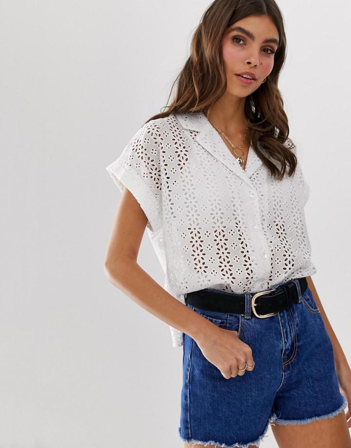 Asos Design Bowling Shirt In Broderie - White