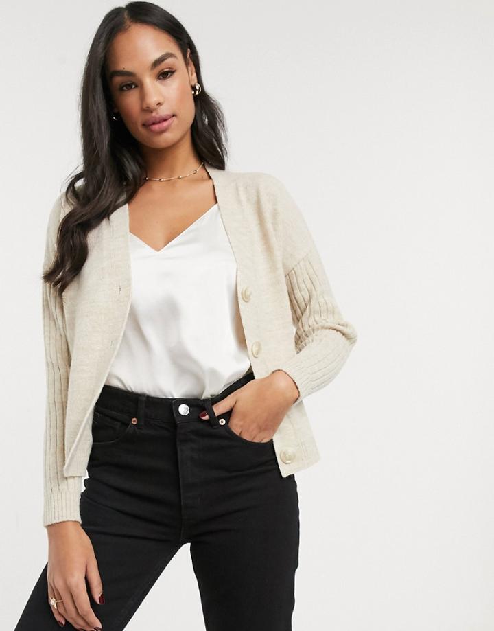 Asos Design Chunky Cardigan With Ribbed Sleeve-neutral