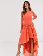 Lace & Beads Embroidered High Low Dress In Coral - Pink