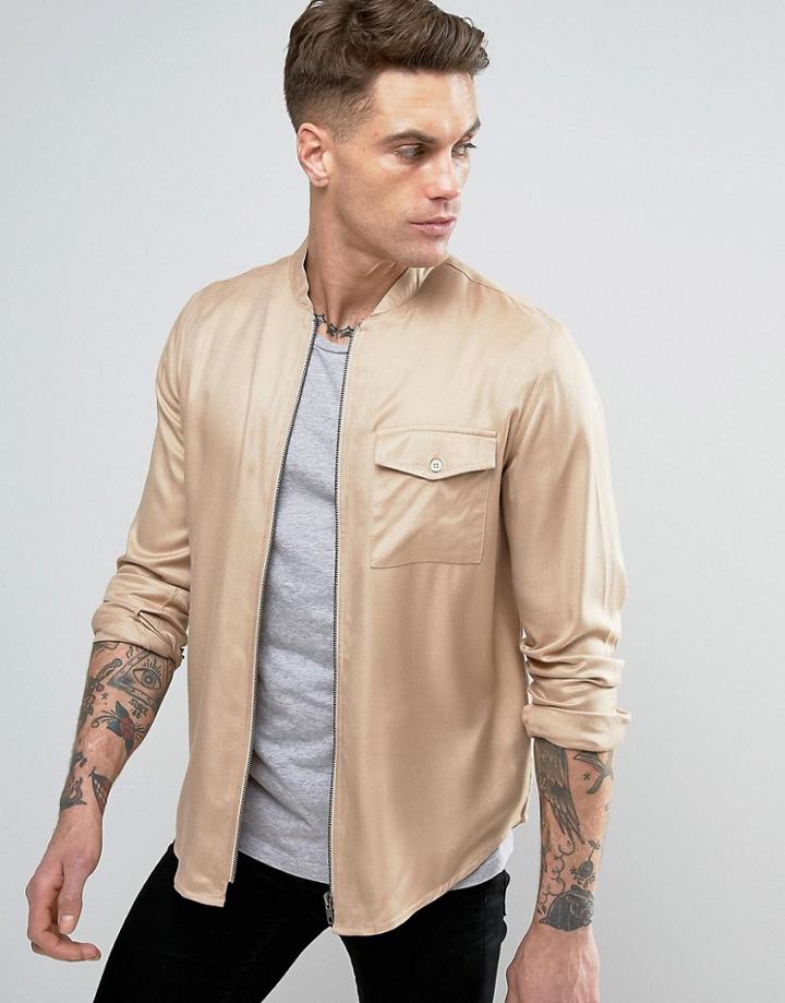 Another Influence Zip Through Bomber Shirt Jacket - Beige