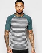 Asos Muscle Stripe T-shirt With Contrast Raglan Sleeves In Green/gray - Green