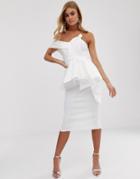 Asos Design Organza Fold Detail Peplum Bandeau Midi Dress-white