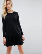 Asos Mini Drop Hem T-shirt Dress With Long Sleeves - Black
