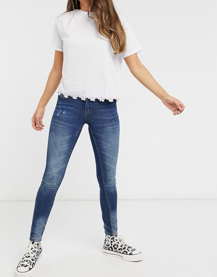 Jdy Super Skinny High Rise Jeans With Distressed Washing In Mid Blue-blues