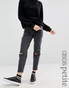 Asos Petite Farleigh Slim Mom Jeans In Lulu Washed Black With Busted Knees - Black