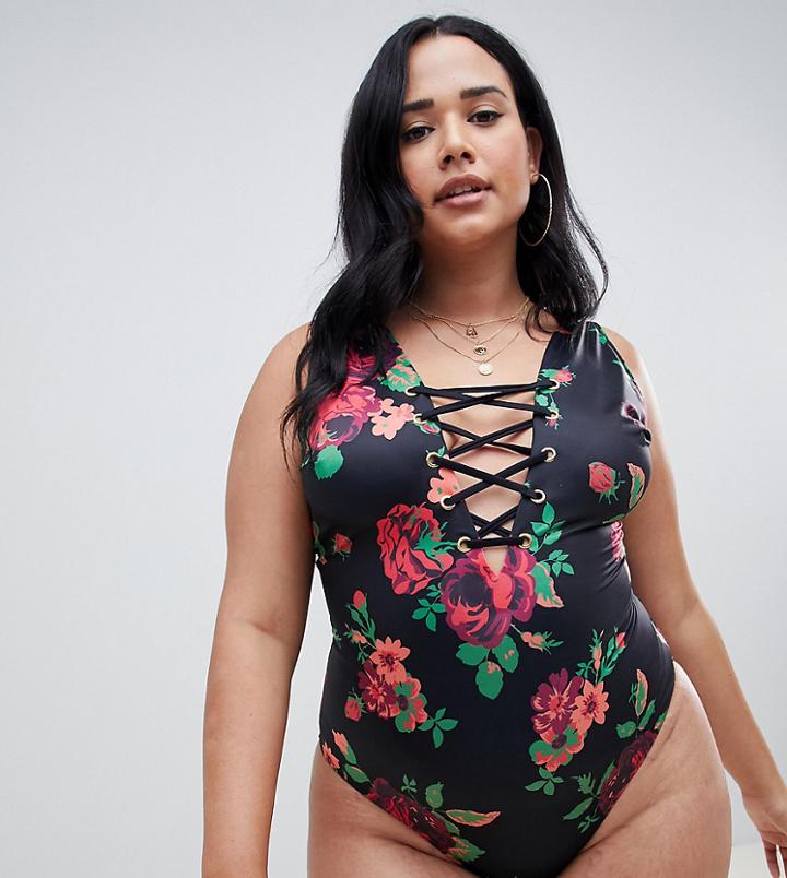 Wolf & Whistle Curve Lace Up Swimsuit In Floral Print - Multi