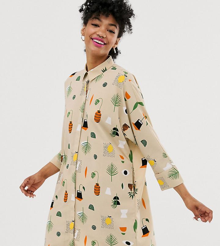 Monki Abstract Print Mini Shirt Dress In Beige - Beige