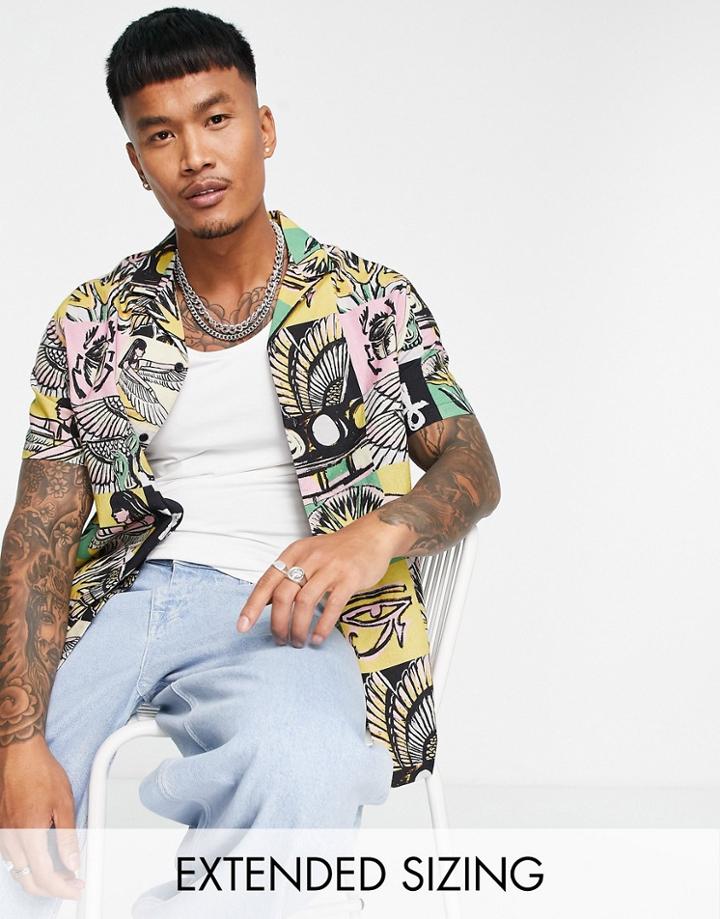 Asos Design Relaxed Revere Linen Shirt In Symbol Patchwork Print-multi