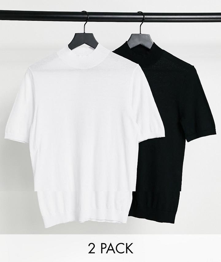 Asos Design 2 Pack Short Sleeve Cotton Turtle Neck T-shirt In Black & White-multi
