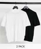 Asos Design 2 Pack Short Sleeve Cotton Turtle Neck T-shirt In Black & White-multi