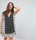 Asos Design Curve Mini Tab Side Button Through Pep Hem Sundress In Mixed Print-multi