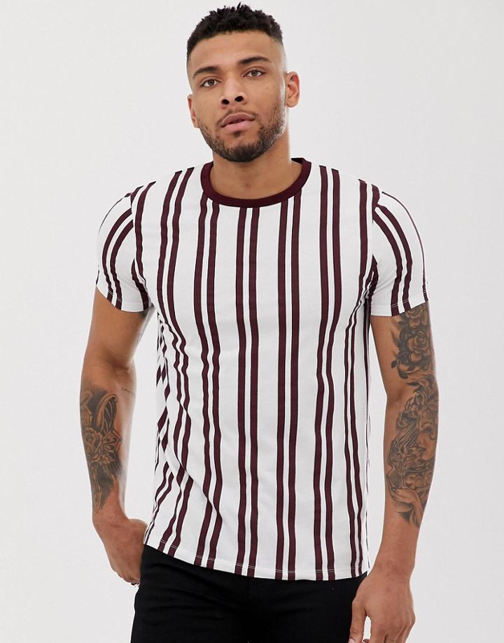 Asos Design Vertical Stripe Print T-shirt With Contrast Neck In Burgundy Stripe - Multi
