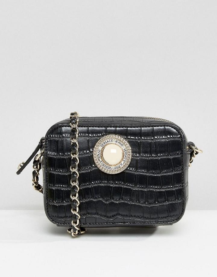 Versace Jeans Moc Croc Cross Body Bag With Chain Strap - Black