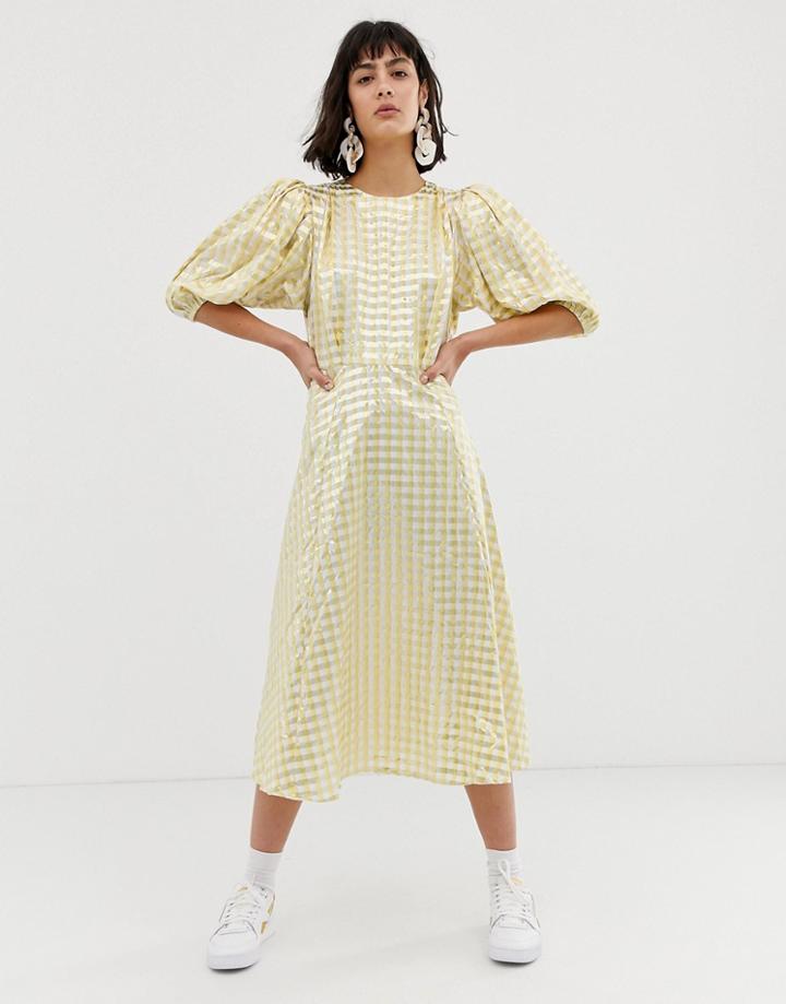 Asos White Metallic Gingham Midi Dress - Yellow