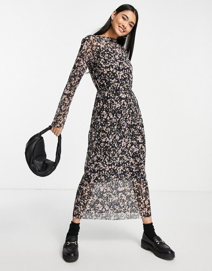 & Other Stories Mesh Long Sleeve Print Midi Dress In Black And Pink-multi