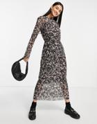 & Other Stories Mesh Long Sleeve Print Midi Dress In Black And Pink-multi