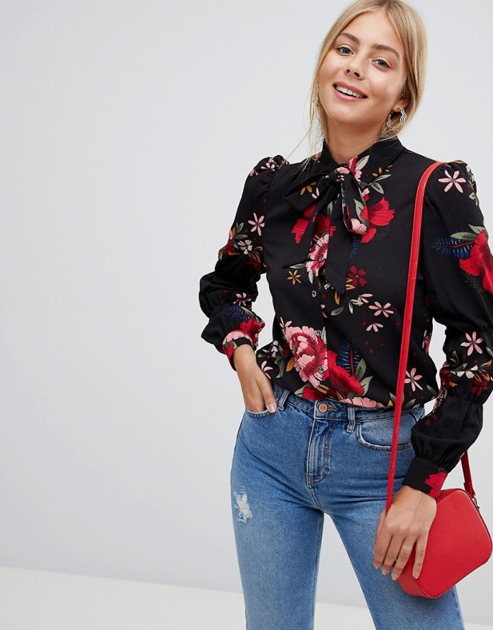 Parisian Floral Print Bussy Bow Blouse - Black