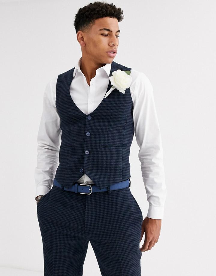 Asos Design Wedding Super Skinny Suit Suit Vest In Blue Wool Blend Mini Check