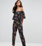 Asos Tall Scuba Jumpsuit With Ruffle Bardot In Winter Floral Print - Multi