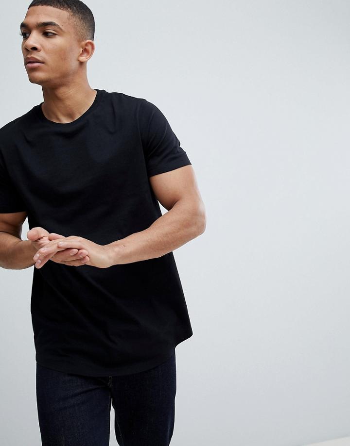 Asos Design Longline T-shirt With Crew Neck And Curved Hem In Black - Black