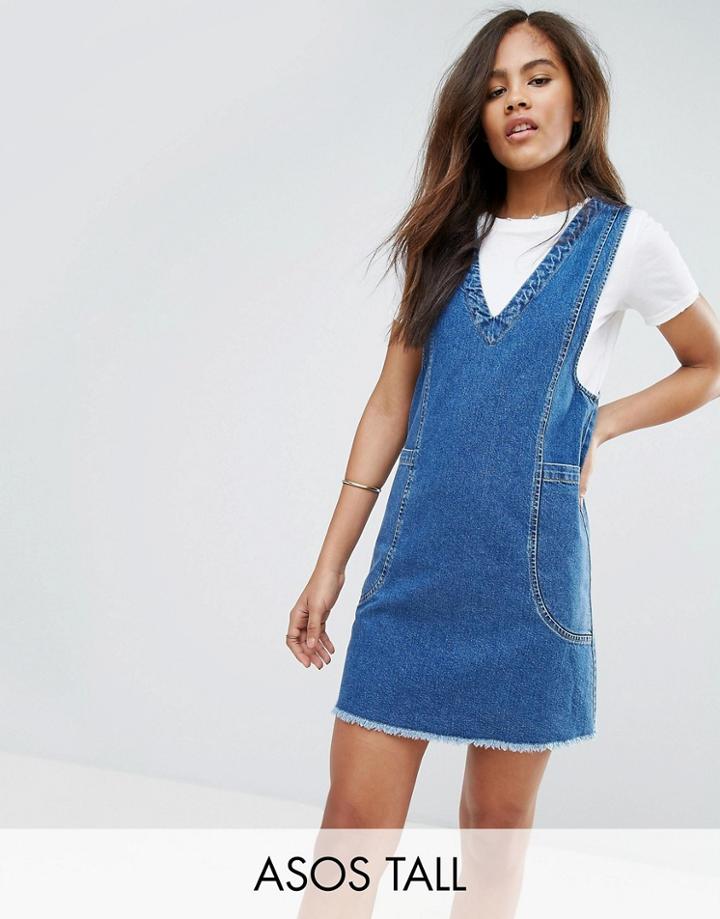 Asos Tall Denim Chuck On Mini Dress In Vintage Blue Wash - Blue