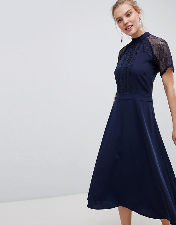 Liquorish A Line Lace Detail Midi Dress - Navy