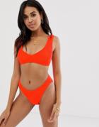 Asos Design Mix And Match Crinkle V Front Crop Bikini Top In Neon Orange - Orange