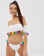 Asos Design Recycled Tassel Off Shoulder Bikini Top In White - White