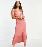 Pieces Petite Plunge Neck Maxi Dress In Pink