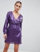 Outrageous Fortune Sequin Wrap Front Long Sleeve Skater Dress In Purple - Purple