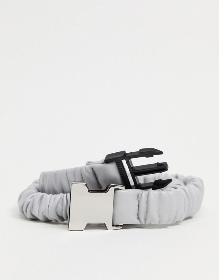 Asos Design Slim Belt In Gray Faux Leather With Elastic Ruched Detail And Metal Keeper-grey