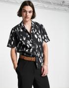 Twisted Tailor Fiske Camp Collar Shirt In Black With White Print
