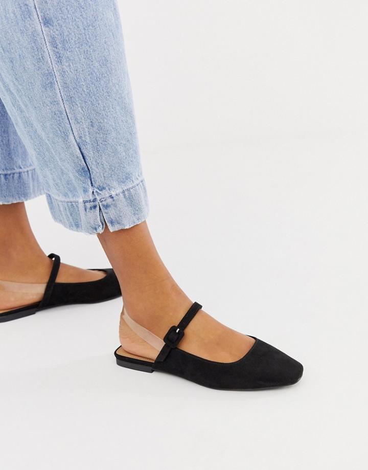 Asos Design Littleton Clear Strap Square Toe Ballet Flats In Black