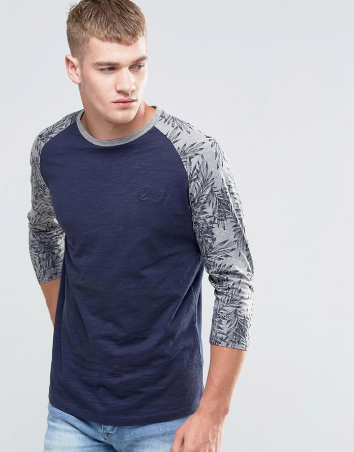 Jack & Jones Raglan 3/4 Sleeve With Floral Print Sleeve - Navy Blazer