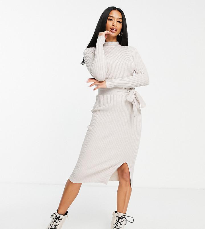New Look Petite Rib Tie Waist Midi Dress In Oatmeal-neutral