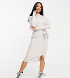 New Look Petite Rib Tie Waist Midi Dress In Oatmeal-neutral