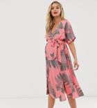 Glamorous Bloom Midi Tea Dress With Tie Waist In Palm Print