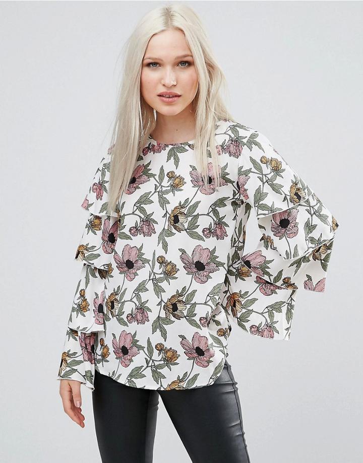 Ax Paris Frill Sleeve Floral Top - Cream