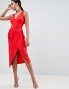 Asos Design Pencil Dress With Peplum Waist And Contrast Straps - Red