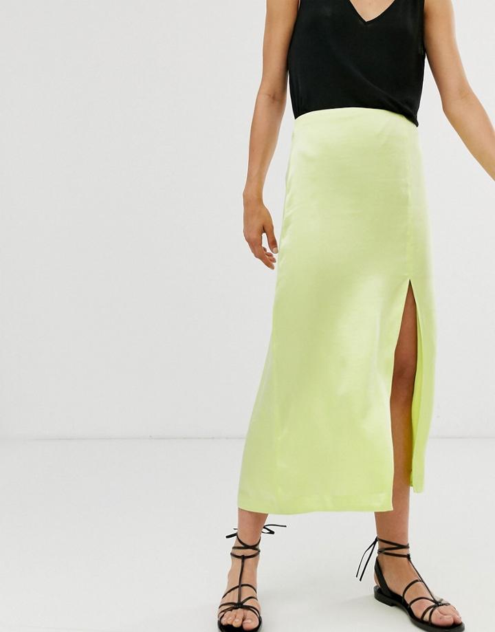 & Other Stories Satin Side Split Midi Skirt In Lime - Yellow