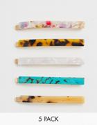 Asos Design Pack Of 5 Hair Clips In Long Rectangle Shape In Mixed Resins - Multi