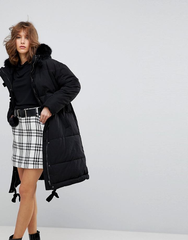 Lost Ink Oversized Padded Jacket With Faux Fur Hood - Black