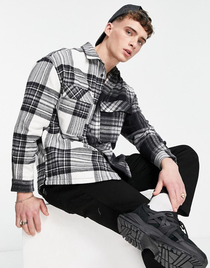 Bershka Spliced Shirt In Black Plaid
