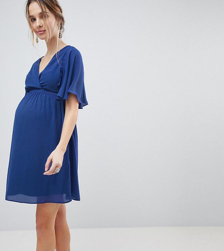 Asos Maternity Flutter Sleeve Cross Over Mini Dress - Navy