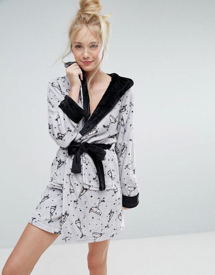 Loungeable Luxury Fleece Cocktail Print Robe - Silver