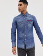 Replay Embroidered Denim Shirt In Blue - Blue