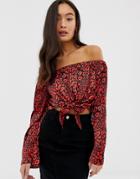 Qed London Off Shoulder Crop Top With Tie Front In Red Leopard Print - Red