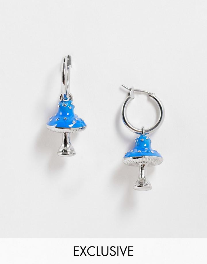 Reclaimed Vintage Inspired Hoop Earrings With Mushroom Charms In Silver